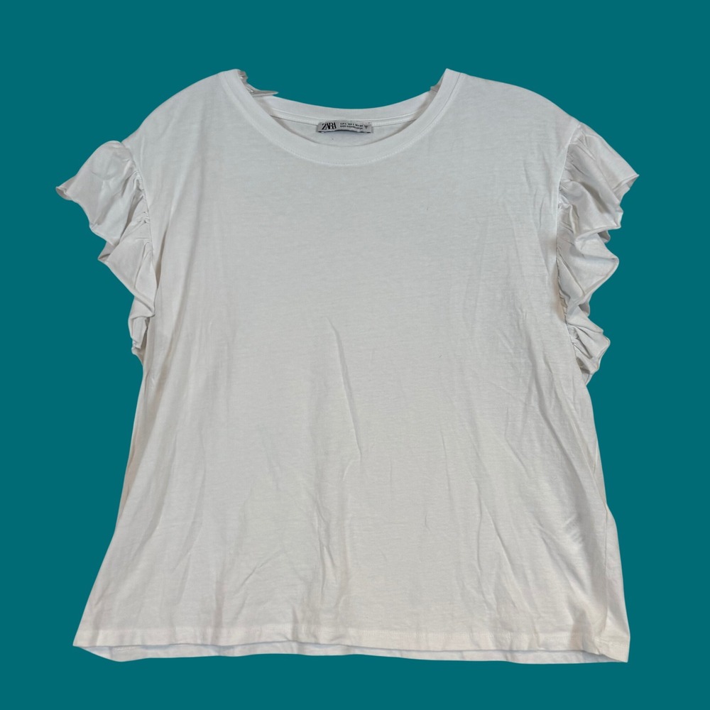 Zara Womens White Ruffle Cap Sleeve Cotton Crew Neck T-Shirt Size •L• Layering